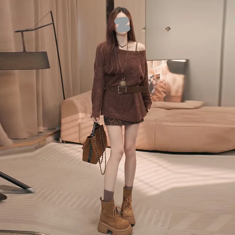 港风复古时髦套装女2025春秋新款露肩针织衫长袖豹纹半身裙两件套