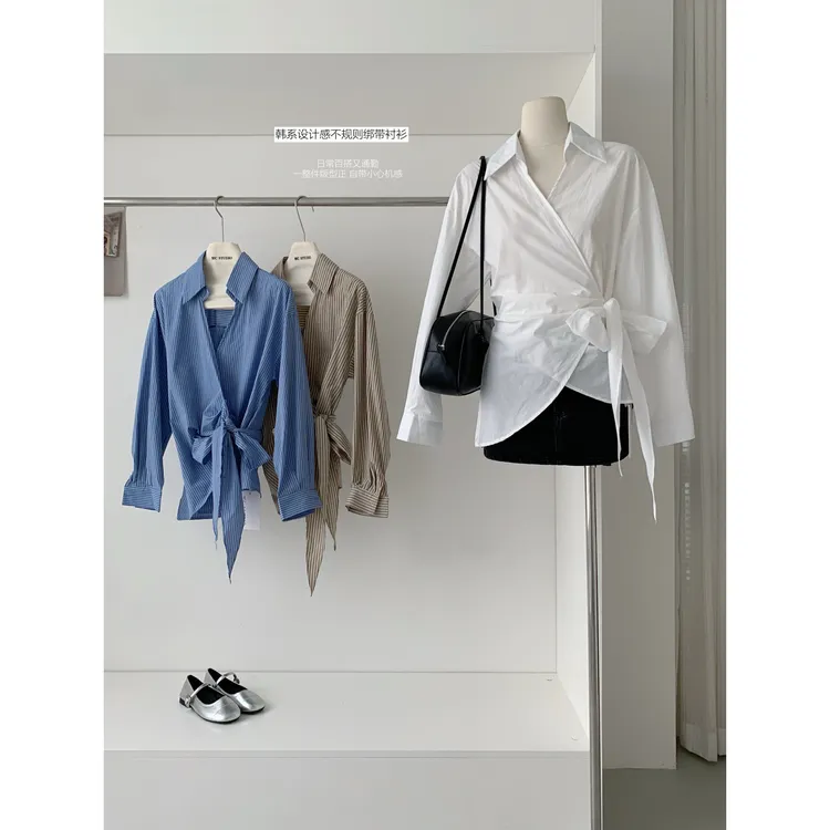 韩系2025早秋新款气质不规则长袖条纹衬衫女宽松时尚绑带设计上衣