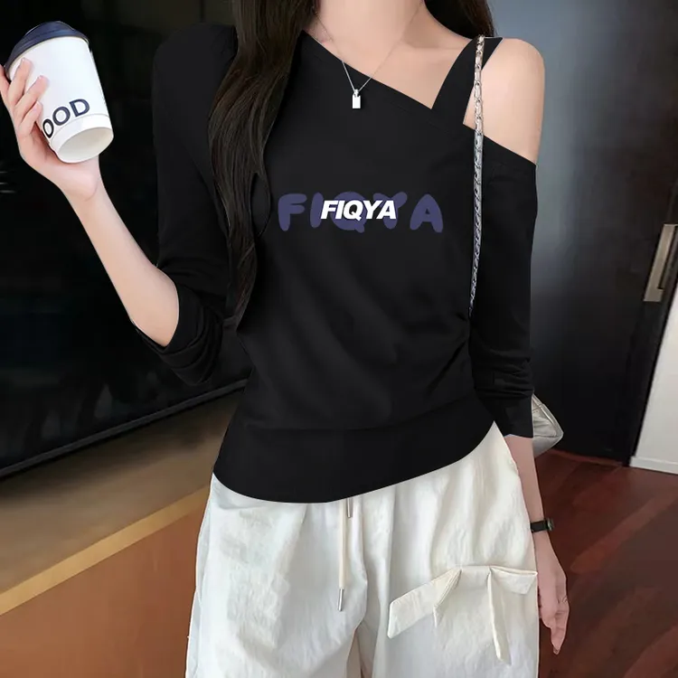 纯欲风纯棉斜领欧美风时尚印花长袖T恤春秋韩版黑色褶皱显瘦小众