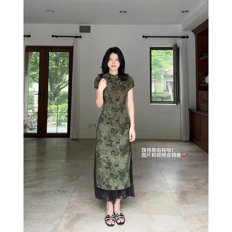 郭九九呢 新中式改良旗袍气质网纱拼接假两件连衣裙 G925Q07989