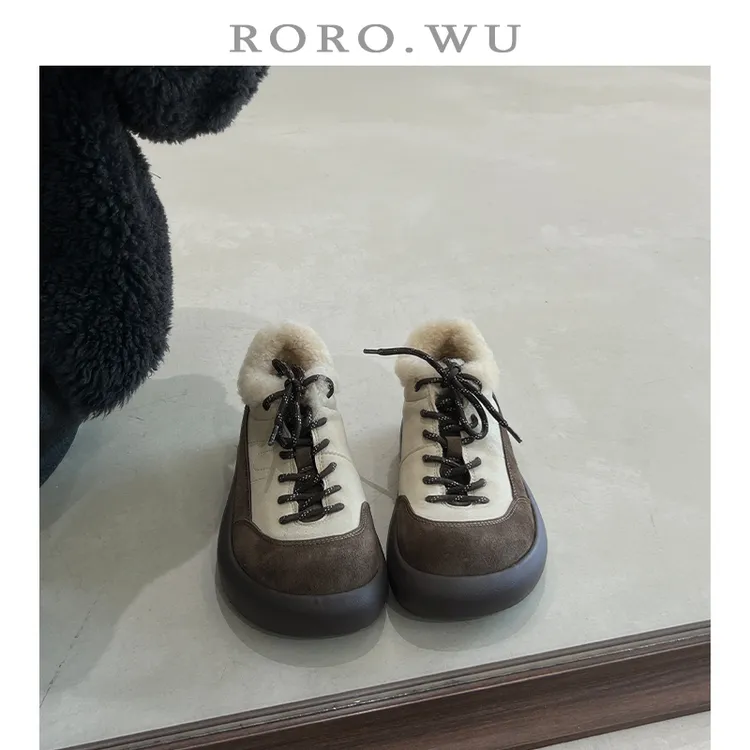 娆娆吴·磨砂牛皮运动风休闲拼色系带毛毛鞋冬季新款深口单鞋女M31