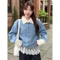 撞色秋冬季长袖毛衣开衫外套女2025新款条纹翻领宽松显瘦韩系上衣