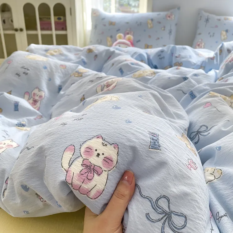 蓝色可爱猫咪双层纱水洗棉被套单人卡通少女学生非全纯棉被罩单件