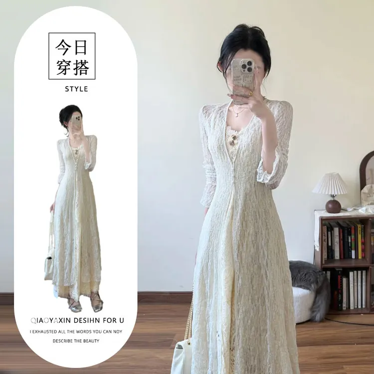 春季流行穿搭法式温柔千金风miu系高级感清纯系掐腰蕾丝连衣裙女