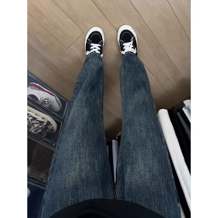 复古蓝竹节纹牛仔裤男生ootd穿搭裤子美式高街修身显瘦窄版直筒裤