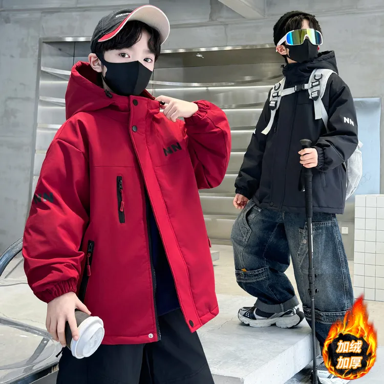 男童加绒加厚冲锋衣派克服外套棉服冬季中大童帅气韩版棉衣儿童潮