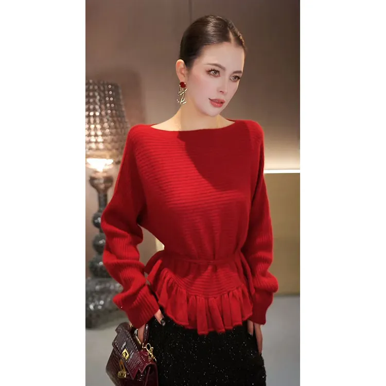 设计感蝙蝠袖收腰绑带拼接针织上衣CS31389