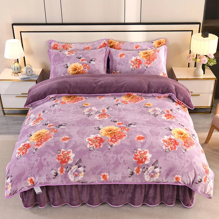 小肥鹅牛奶绒吊边床裙款双面绒加绒加绒毛绒加厚印花防静电