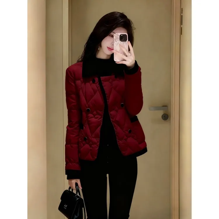 酒红色棉服外套女初冬高端时髦洋气名媛小香风超好看翻领加厚棉衣