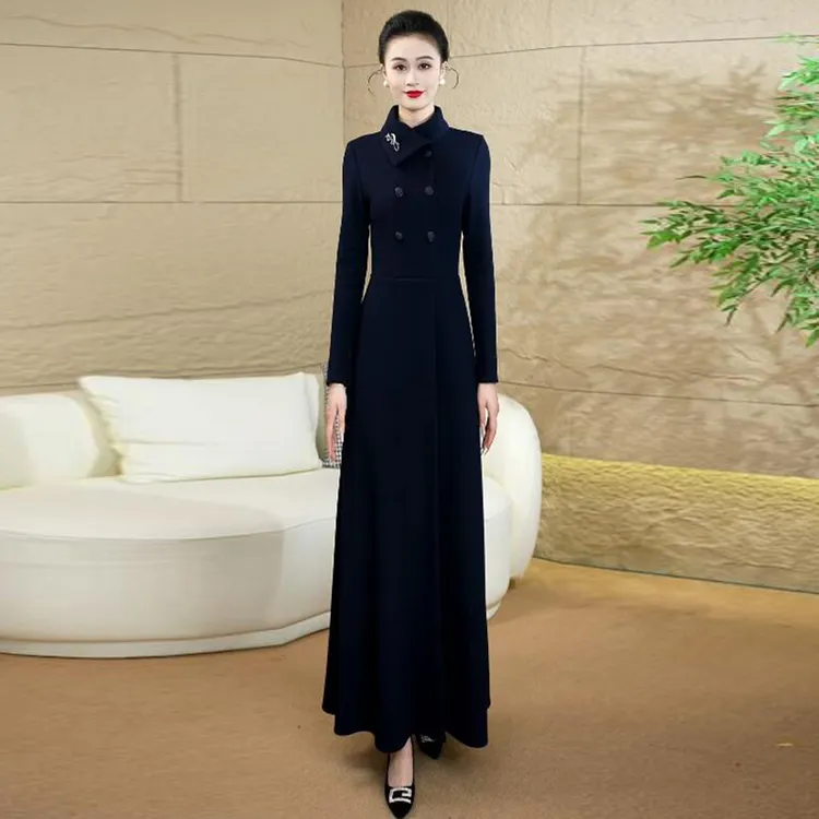 藏蓝色2025年秋冬加厚新款收腰显瘦气质通勤长袖正式场合连衣裙83