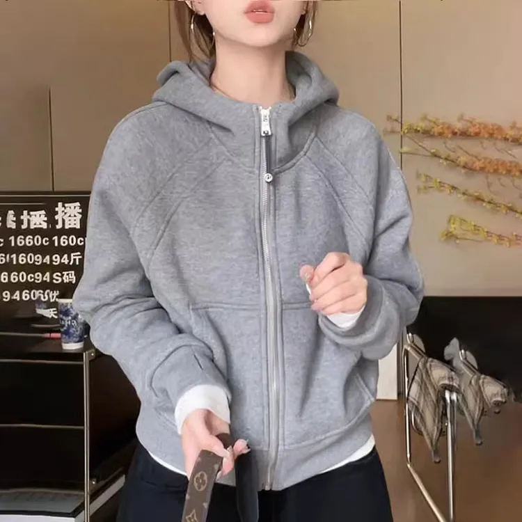 灰色拉链连帽卫衣女早秋季2025新款加厚时尚洋气短款开衫外套上衣
