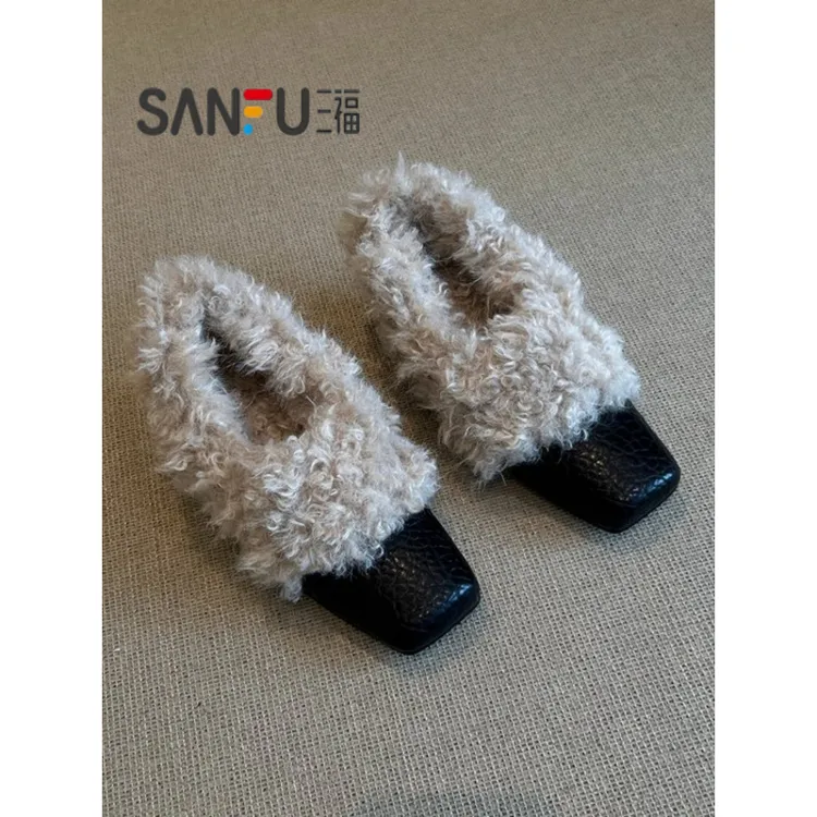 三福时尚方头毛毛鞋一脚蹬复古加绒保暖玛丽珍小皮鞋棉鞋粗跟休闲