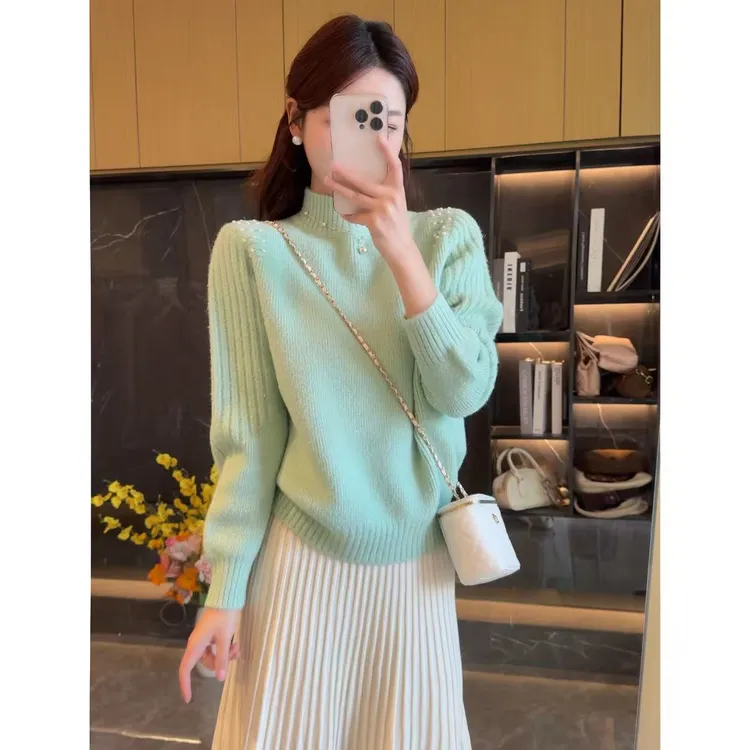 不起球 好漂亮的加厚肩部珍珠毛衣女洋气温柔风针织衫打底衫