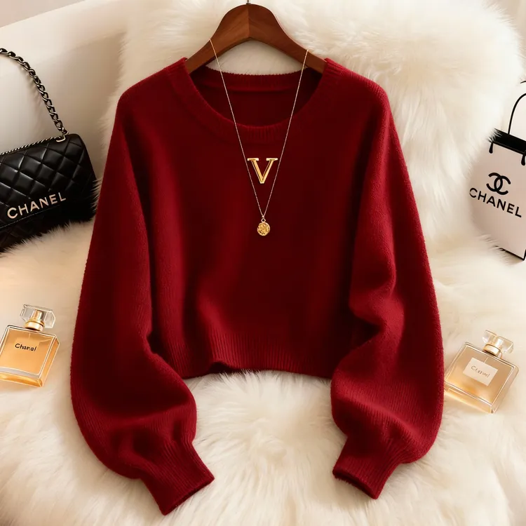 今年流行的时髦小众红色毛针织衫秋冬季厚款宽松减龄时尚气质上衣