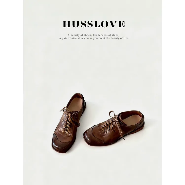 HUSSLOVE 水洗马皮·跟高2.5Cm·复古百搭英伦风质感手工系带德训鞋