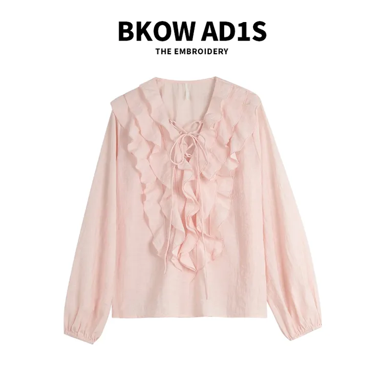 BKOW AD1S 法式早秋氛围感粉色荷叶边上衣早秋高级感长袖V领衬衫