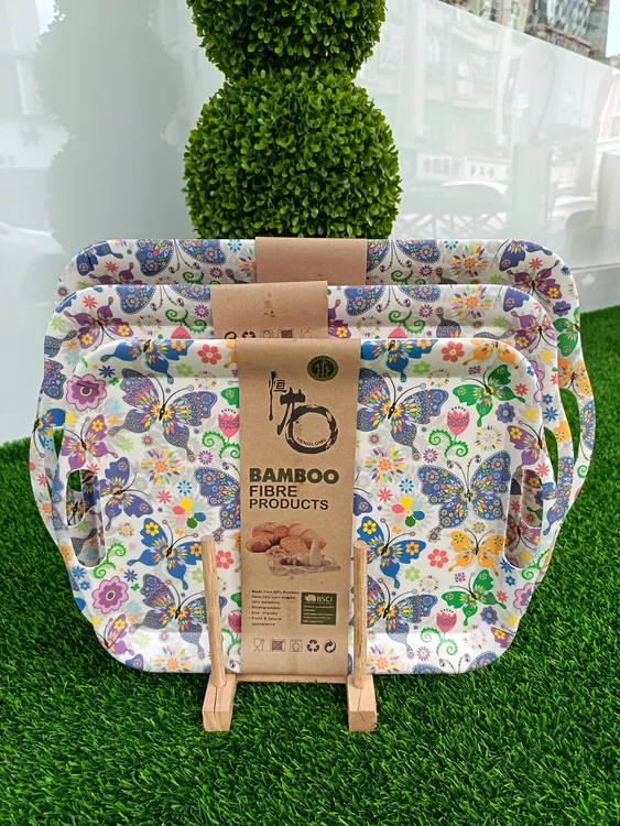 出口竹纤维环保长方形餐厅水果点心小学生小孩餐具收纳盘印花托盘