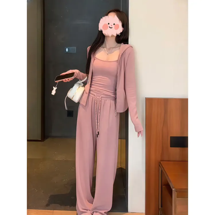 秋季新款简约休闲纯色外套背心今年流行百搭显瘦阔腿裤元气三件套