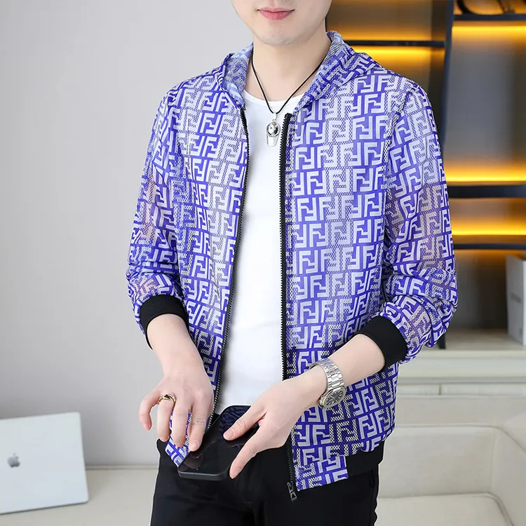 夏季连帽防晒服镂空透气大码印花胖子外套青年钓鱼服防蚊虫叮咬潮