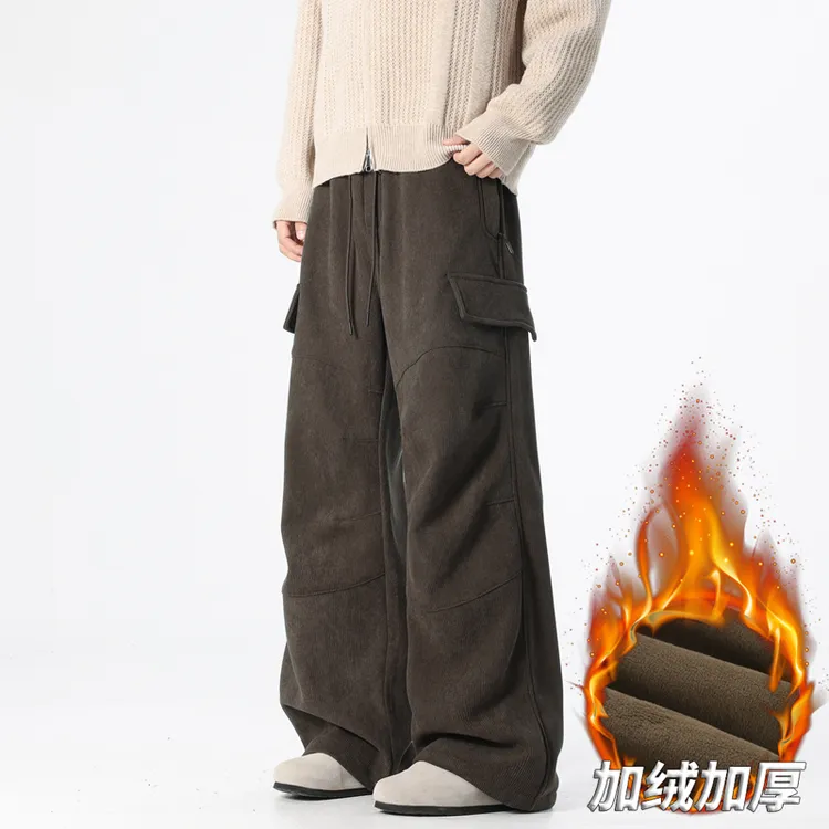 冬季加绒美拉德咖色休闲裤男生秋冬美式复古潮牌工装宽松直筒长裤
