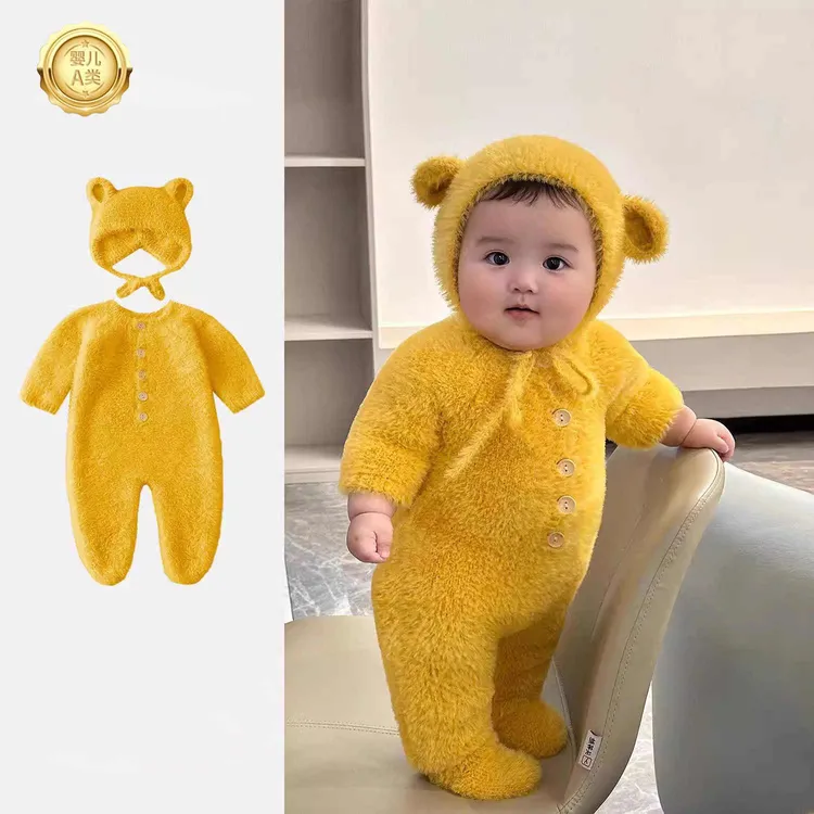 婴儿连体衣秋冬季网红可爱小熊包脚宝宝秋装哈衣超萌毛绒外出爬服