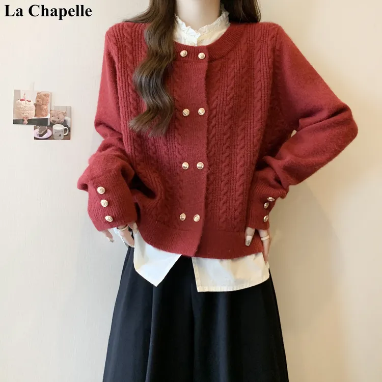 拉夏贝尔秋冬款复古红大码衬衫拼接毛衣女新年穿搭假两件针织上衣