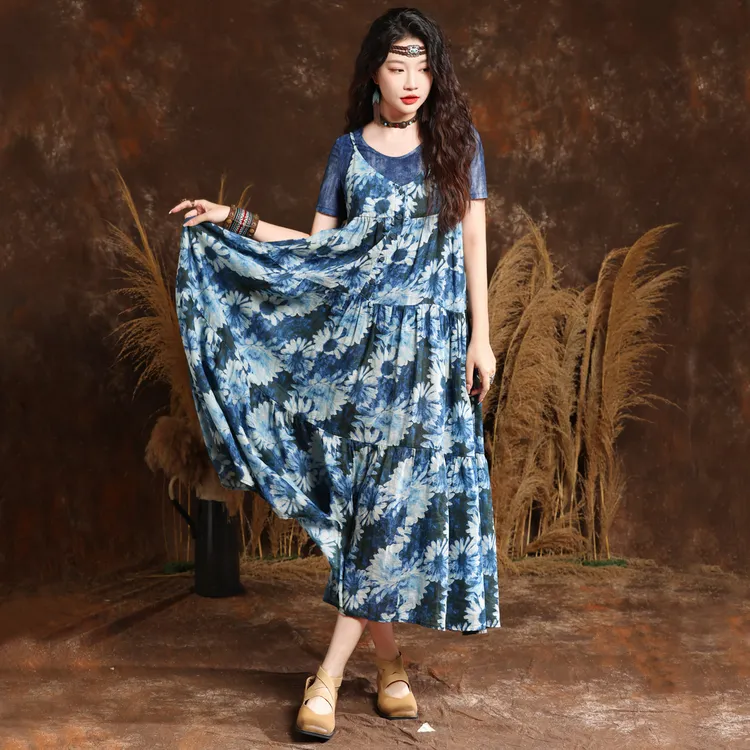 夏季新款法式小众吊带大摆甜美长裙仙女清新印花连衣裙82600