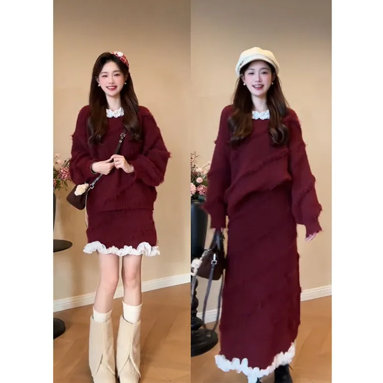 韩系穿搭2025秋冬新款宽松红色长袖针织衫显瘦高腰半身裙两件套女