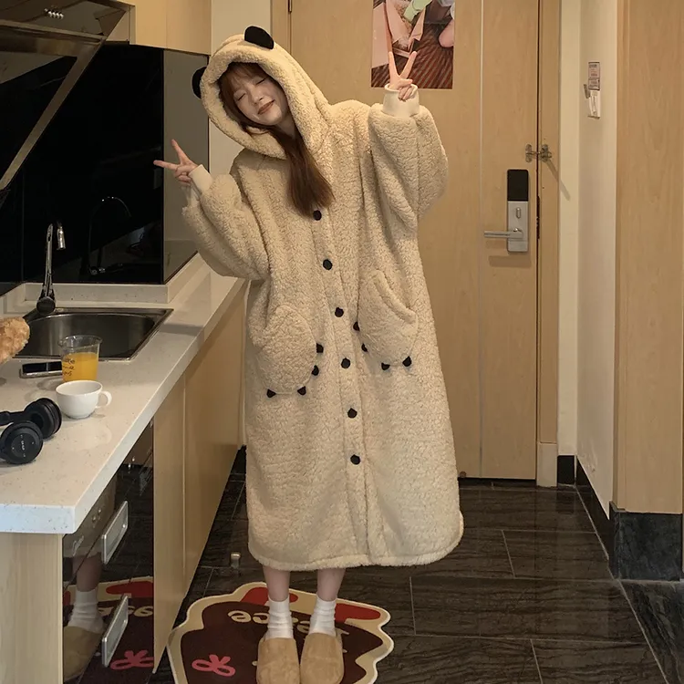 冬季小熊珊瑚绒睡袍女秋冬款2025新款加绒加厚睡衣女冬季加厚加绒