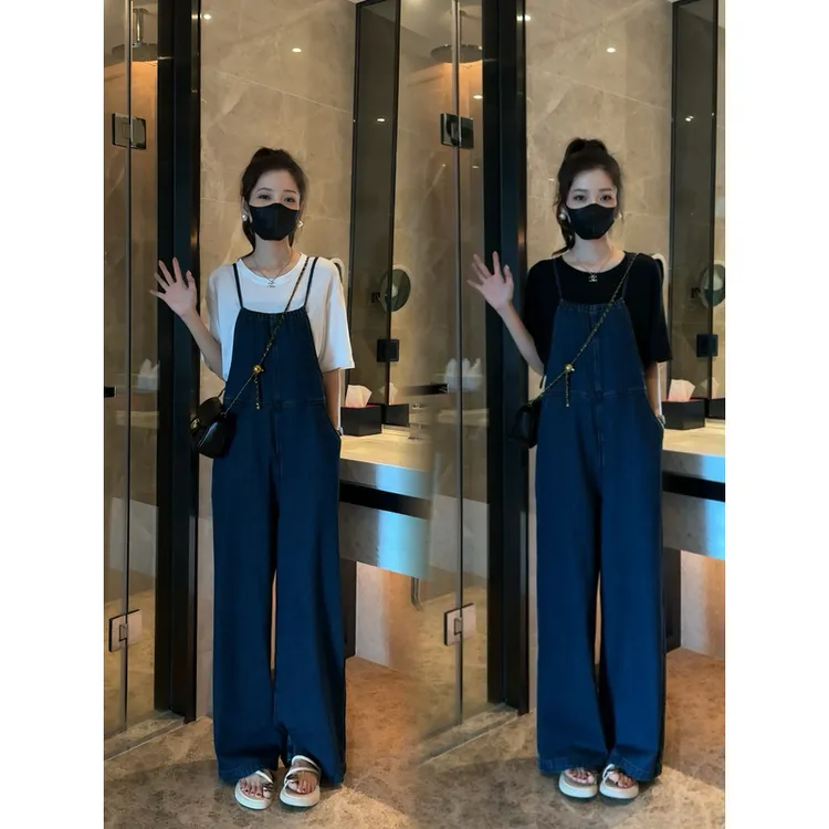 2025新款减龄牛仔背带裤+爱心字母短袖t恤时尚两件套