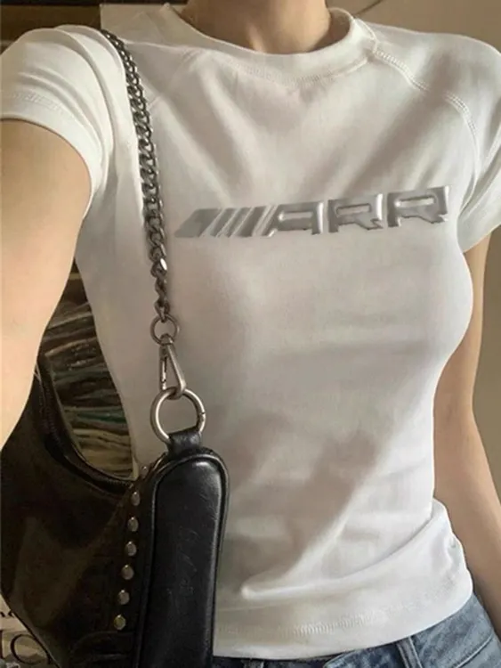 设计感短袖t恤女夏季新款辣妹紧身插肩袖上衣T恤短款修身显瘦白色