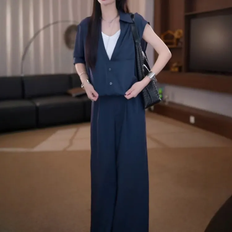 藏青色气质盐系穿搭休闲工装衬衣套装女夏季2025新款阔腿裤两件套