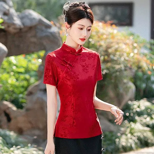 高档改良旗袍上衣女2025夏季新款遮肉显瘦复古中国风短袖妈妈旗袍
