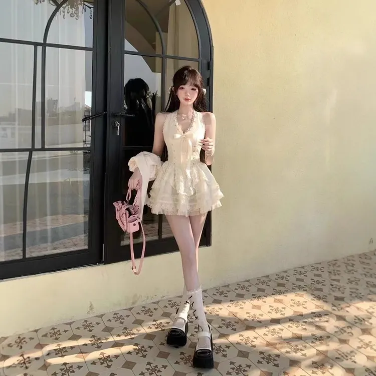 秋季新款法式小众收腰挂脖公主裙 连衣裙+开衫套装女