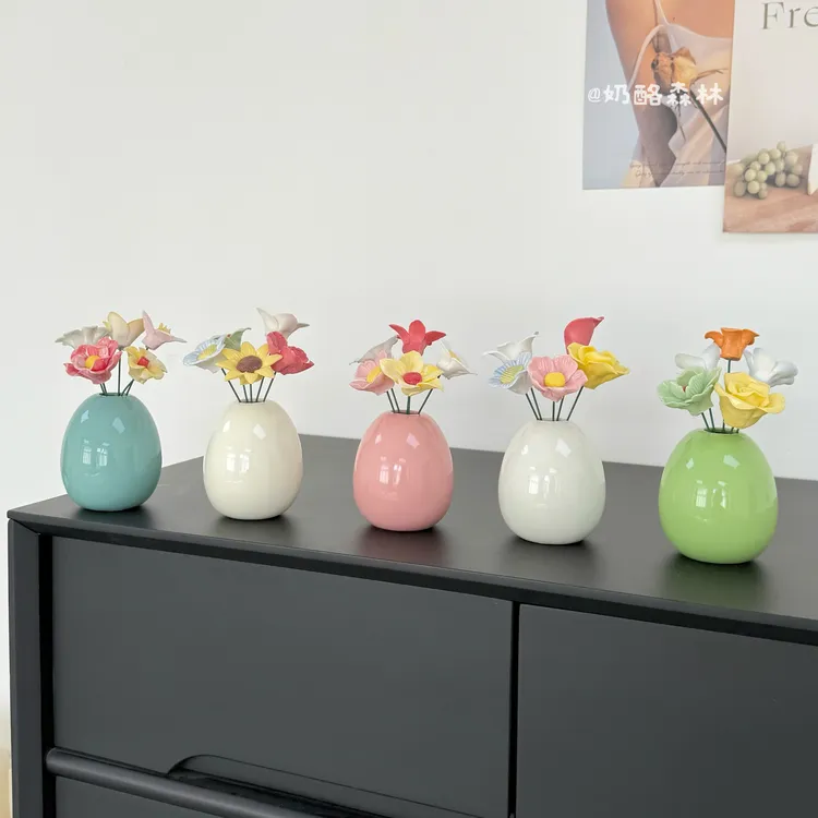 景德镇纯手工陶瓷花 奶油风永生花束客厅卧室办公桌面小花瓶摆件