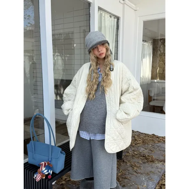 HELLOTANGO《暖冬氧层》秋冬韩版慵懒感空气感菱格夹棉棉服851002#