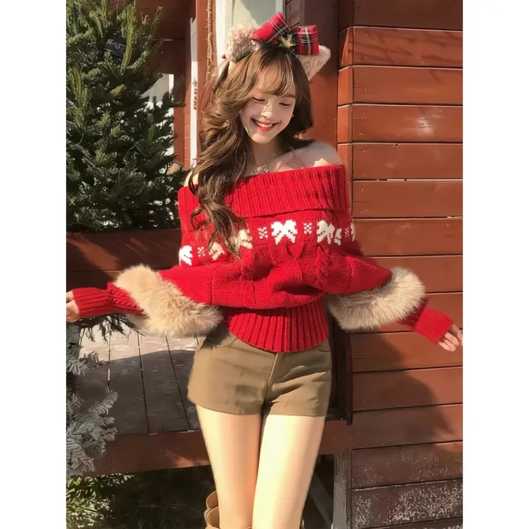 法式圣诞新年红毛衣秋冬季氛围感慵懒休闲显白毛衣一字肩毛领上衣