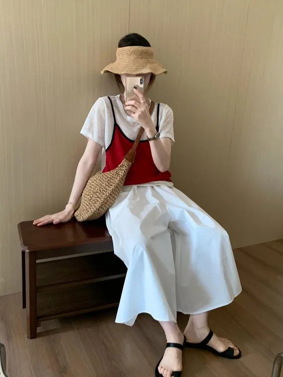 2025夏季新款韩系穿搭一整套女短袖上衣吊带马甲阔腿裤三件套装女