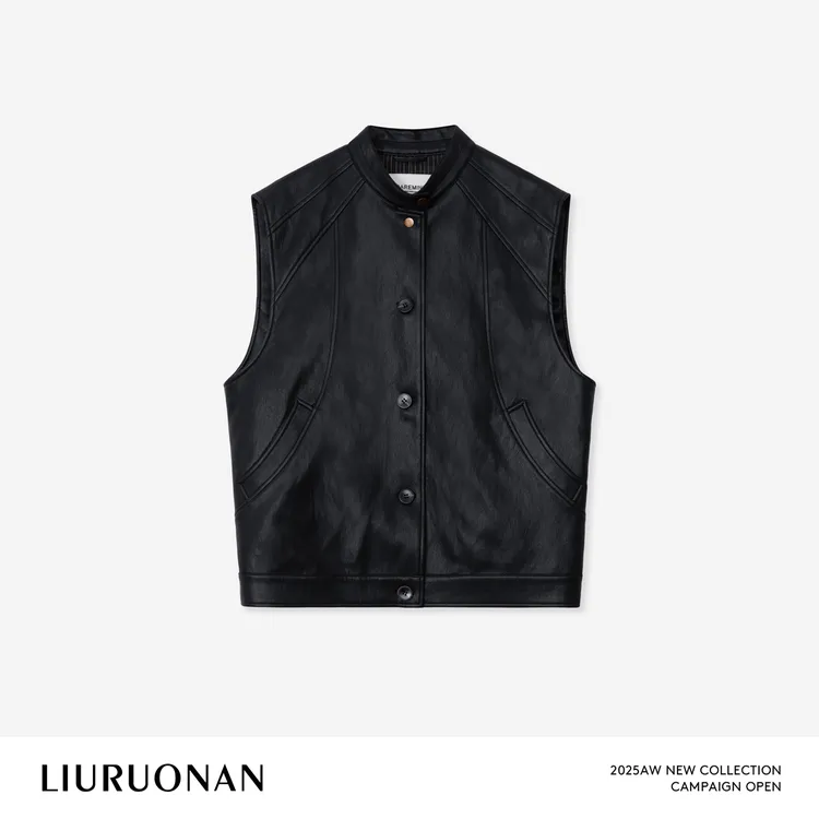 LIURUONAN 25FL【马行】极简黑色显瘦立领皮革马甲秋冬机车风马夹