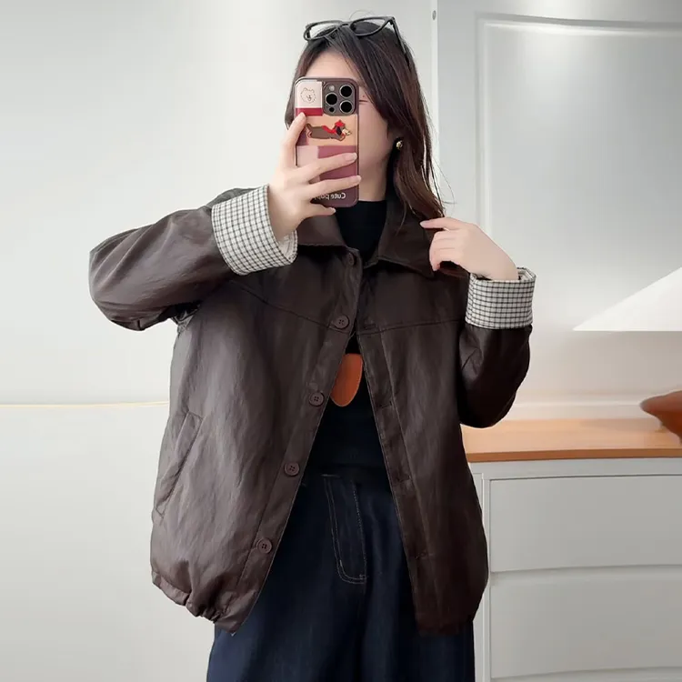 大码女装复古PU皮衣短外套女秋季老钱风格子胖mm翻领加绒加厚夹克