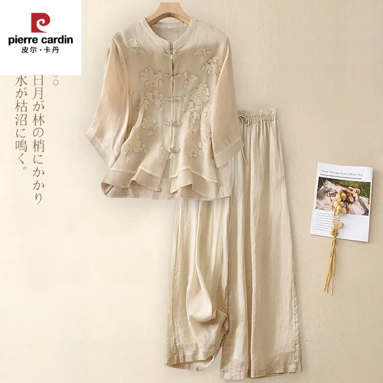 皮尔卡丹新中式国风套装女夏中年妈妈仿棉麻上衣亚麻两件套水溶刺