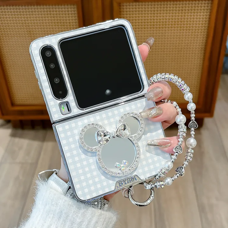 适用华为purax手机壳电镀秋冬韩式格子镜子pocket2折叠女款保护套