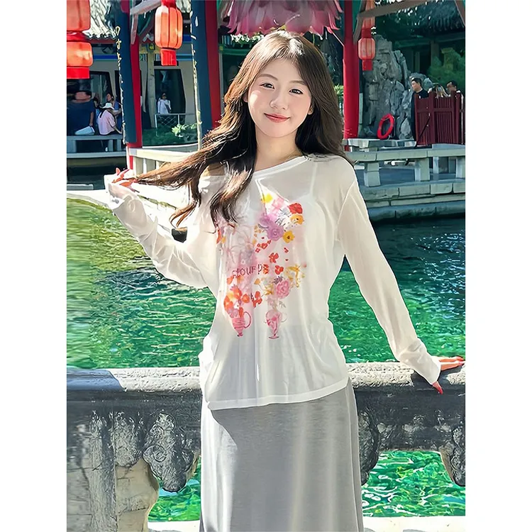 韩系慵懒松弛感罩衫女秋季花卉印花白色防晒长袖宽松休闲薄款上衣