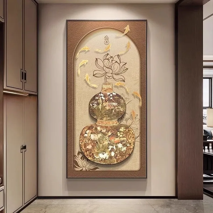 新房装饰镶钻福禄花瓶葫芦中式入户玄关装饰画九鱼客厅壁画挂画