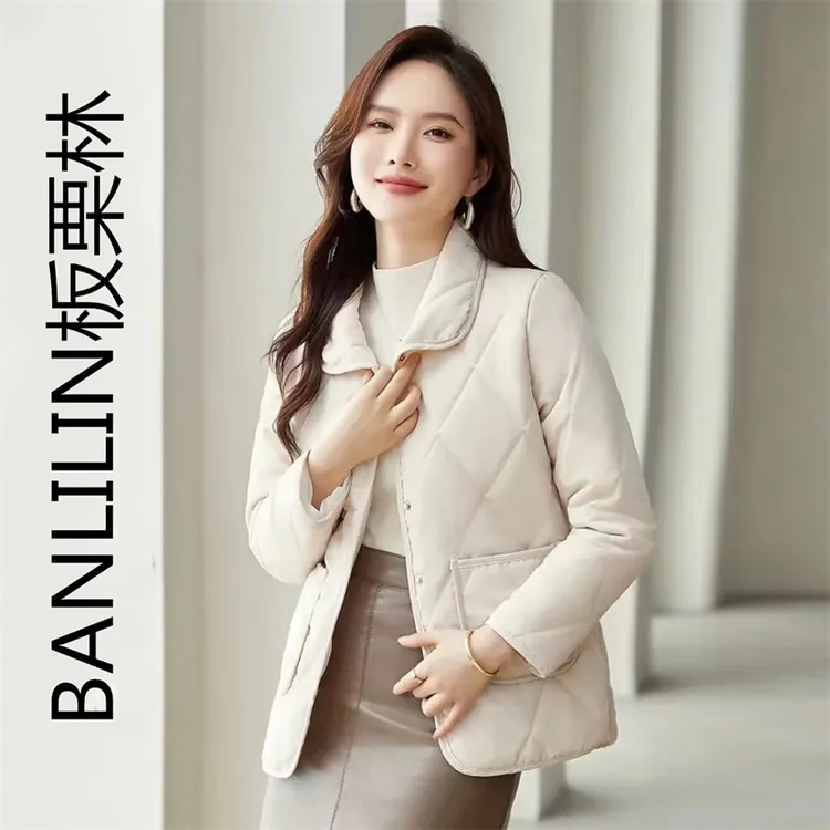 女士翻领棉服短款2025菱形格薄款夹棉秋冬外套棉衣32563