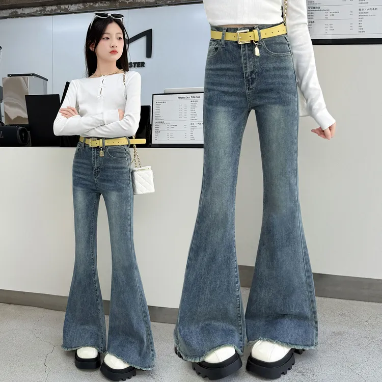 女童裤子牛仔喇叭裤春秋装2025新款中大童韩版弹力微喇裤秋季长裤