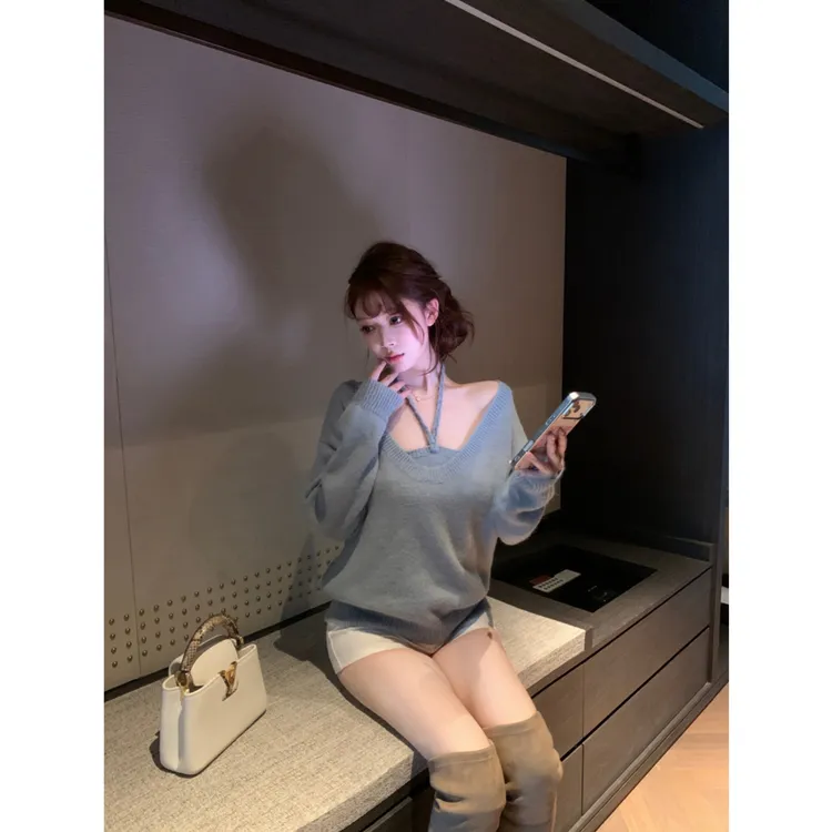 向晚·慵懒风u领套头毛衣女秋冬穿搭 套装针织挂脖背心叠穿两件套