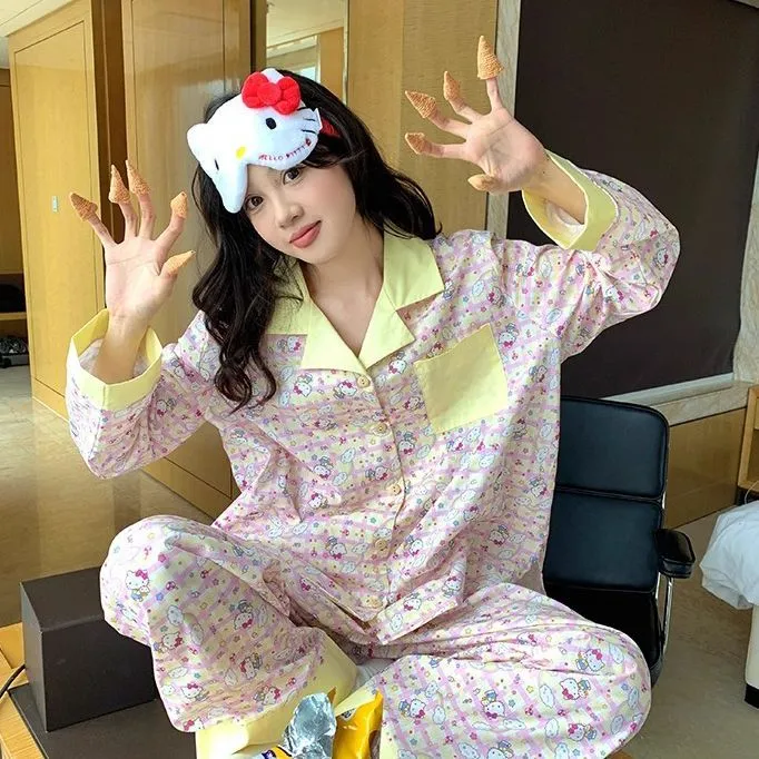 宽松开衫小个子睡衣女秋冬季新款可爱凯蒂猫印花可外穿家居服套装