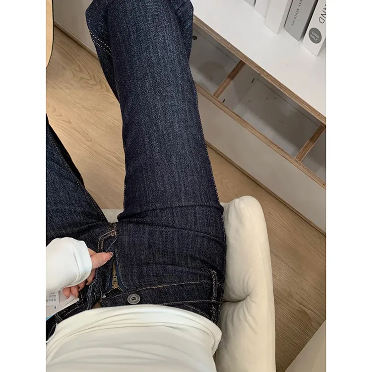 深蓝色低腰微喇叭牛仔裤女2025秋季新款辣妹显瘦百搭不规则拖地裤