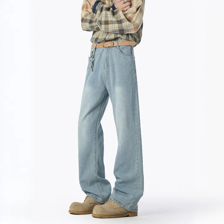 GS夏季复古纯色牛仔裤男装时尚潮牌新款高街水洗做旧宽松直筒裤子
